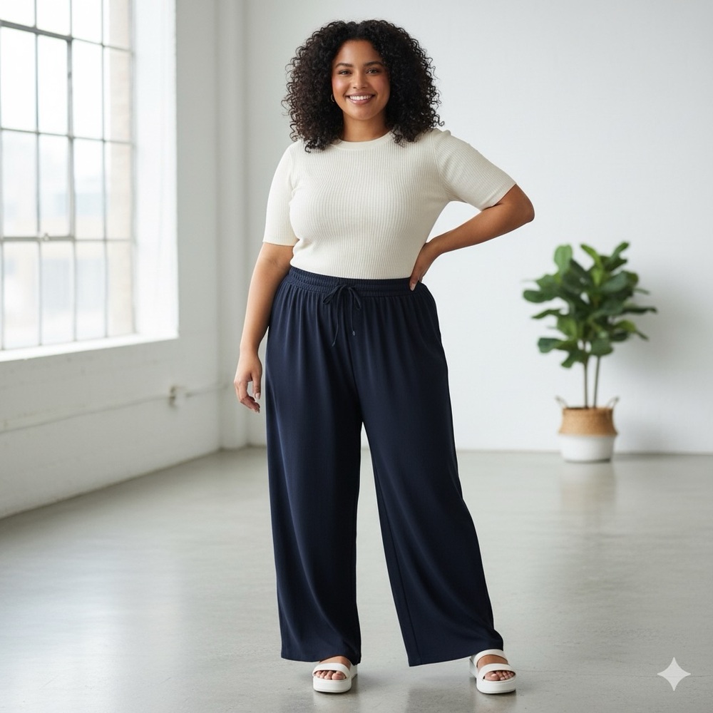 Devoted Elegant Navy Wide-Leg Flowy Pants Women’s Plus 2X